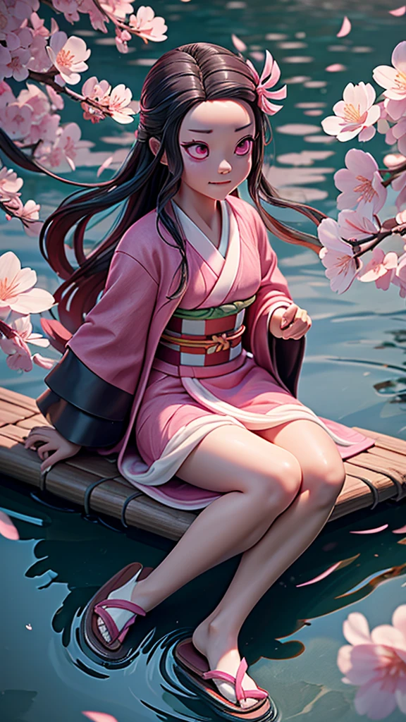 teks dengan kamera
a female character, wearing a plain colored kimono, named "NEZUKO" in the story "demon slayer" with pink eyes, flip-flops, with a mouth that is biting a large piece of bamboo, is sitting on the surface of the water, with realistic cherry blossom effects flying.