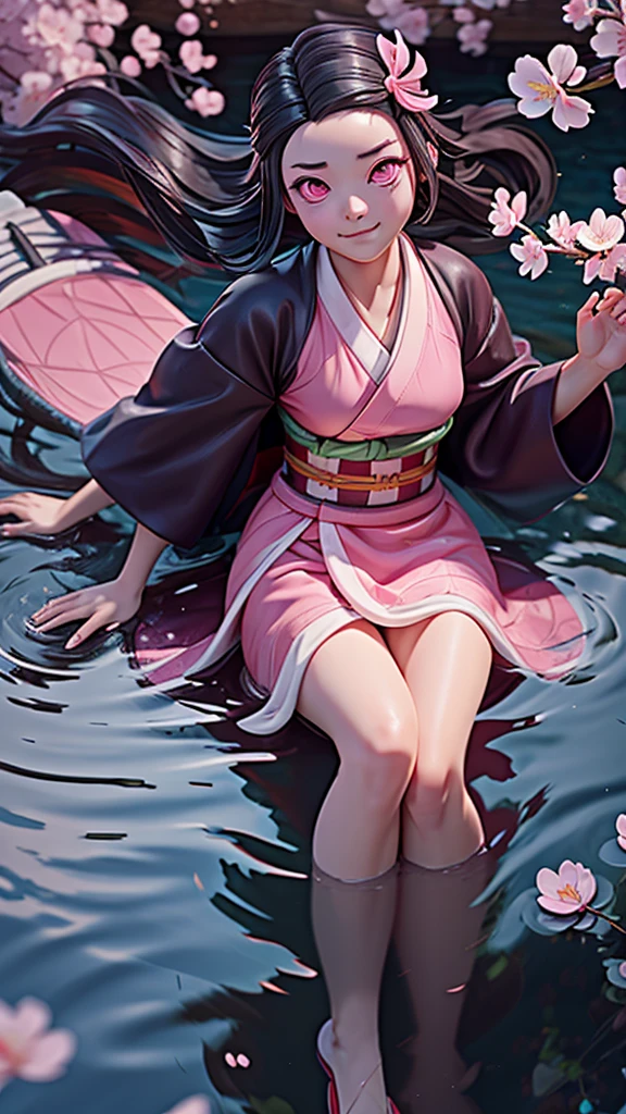 teks dengan kamera
a female character, wearing a plain colored kimono, named "NEZUKO" in the story "demon slayer" with pink eyes, flip-flops, with a mouth that is biting a large piece of bamboo, is sitting on the surface of the water, with realistic cherry blossom effects flying.