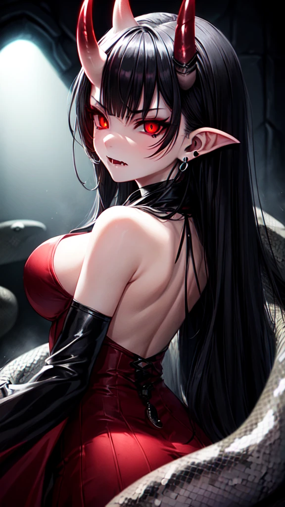 1 girl, ((demon, demonic, oni horn, snake eyes, red eyes, bright eyes, long hair, black hair, pointed ear, evil face)), (gray theme, caverna, backlight, low light, look at you), mist