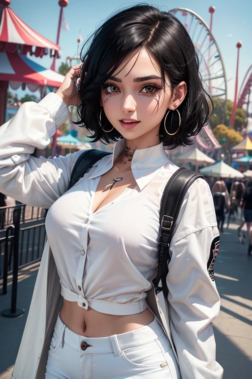 absurdrez, ultra details, high qualiy, Artwork, gorgeous eyes(detailedeyes), white blouse, Black jacke, white jeans, short messy black hair, fully body, facial expression laughing, super lashes, fully body, standing, tatoo, scar on the face, amusement park background, hoop earings, eyes locked, taking selfie