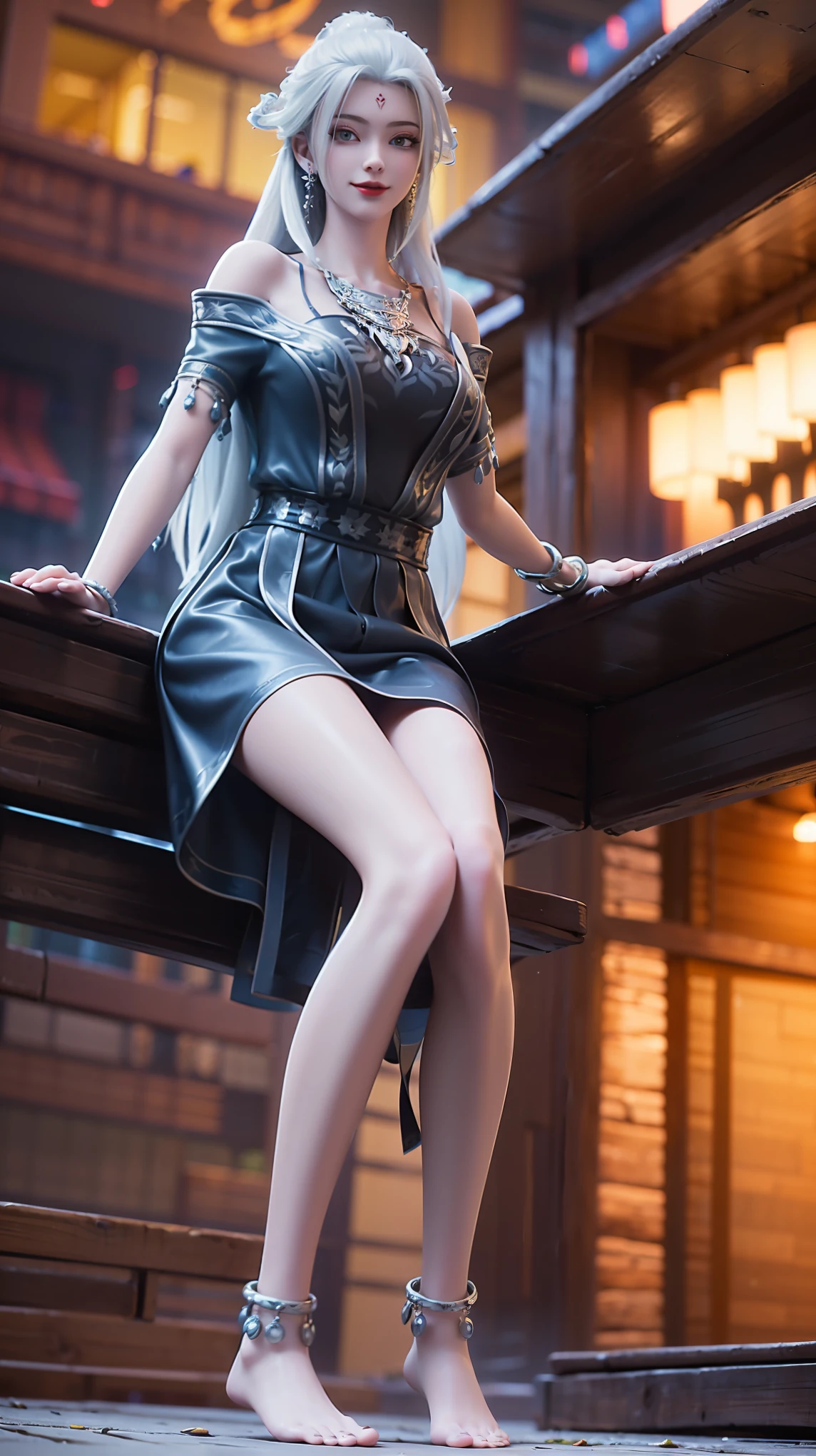 ((Shot in the knee)), ((From below)),A young girl, Wearing a skirt，At the bar, sit on the chair, Cross your legs, Posing elegantly, Detailed scenario, Messy long hair, Blush Blush, Beautiful slender legs, (Very high color saturation), details, Ultra Detailed, (masterpiece, Best quality), (Extremely exquisite and beautiful work), Delicate earrings, Exquisite necklace, Simple blur background, Extremely detailed description, Super Fine, Delicate face, slim body, Thin waist, (Grin), (Anatomically correct)，whole body，barefoot