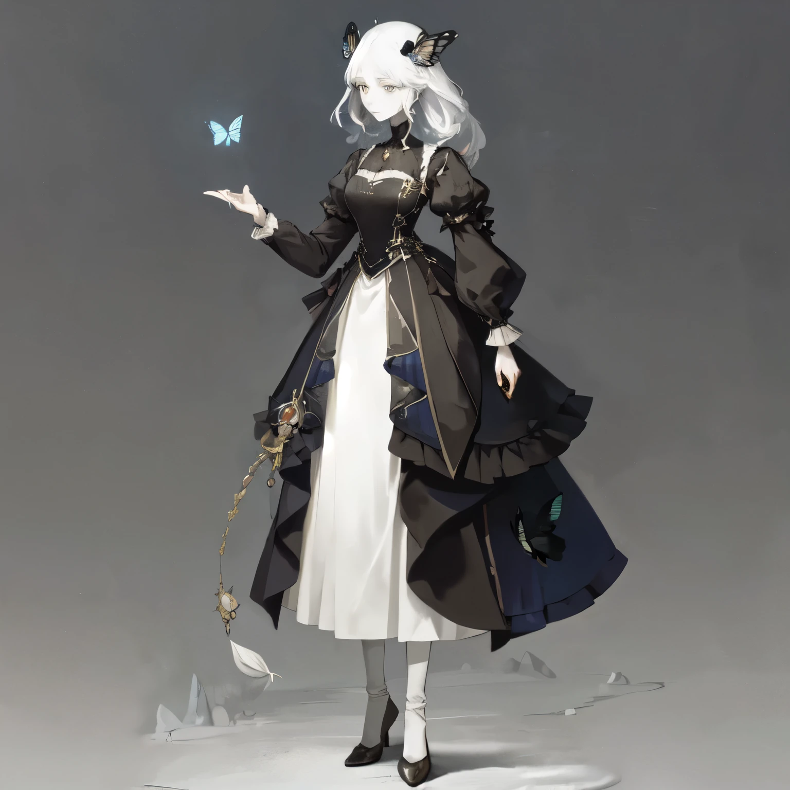 (1 Anthropomorphism of butterflies), (Standing full body), (Full body standing), 1 Princess,(Standing full body),Solitary, Long skirt,role conception, peculiar, masterpiece,Top quantity,Best quality,Ultra-high resolution,Exquisite facial features