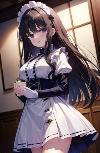 Takiuchi Kame, Check it out, Long Hair, bangs, Black Hair,blush,smile, (Purple eyes:1.2),
She wears a maid skirt, White stockings on her feet, Lace gloves. Large Breasts、
break indoors, Cafe,
break looking at viewer, (Cowboy Shot:1.5),
break (masterpiece:1.2), Highest quality, High resolution, unity 8k wallpaper, (shape:0.8), (Fine and beautiful eyes:1.6), Highly detailed face, Perfect lighting, Highly detailed CG, (Perfect hands, Perfect Anatomy),