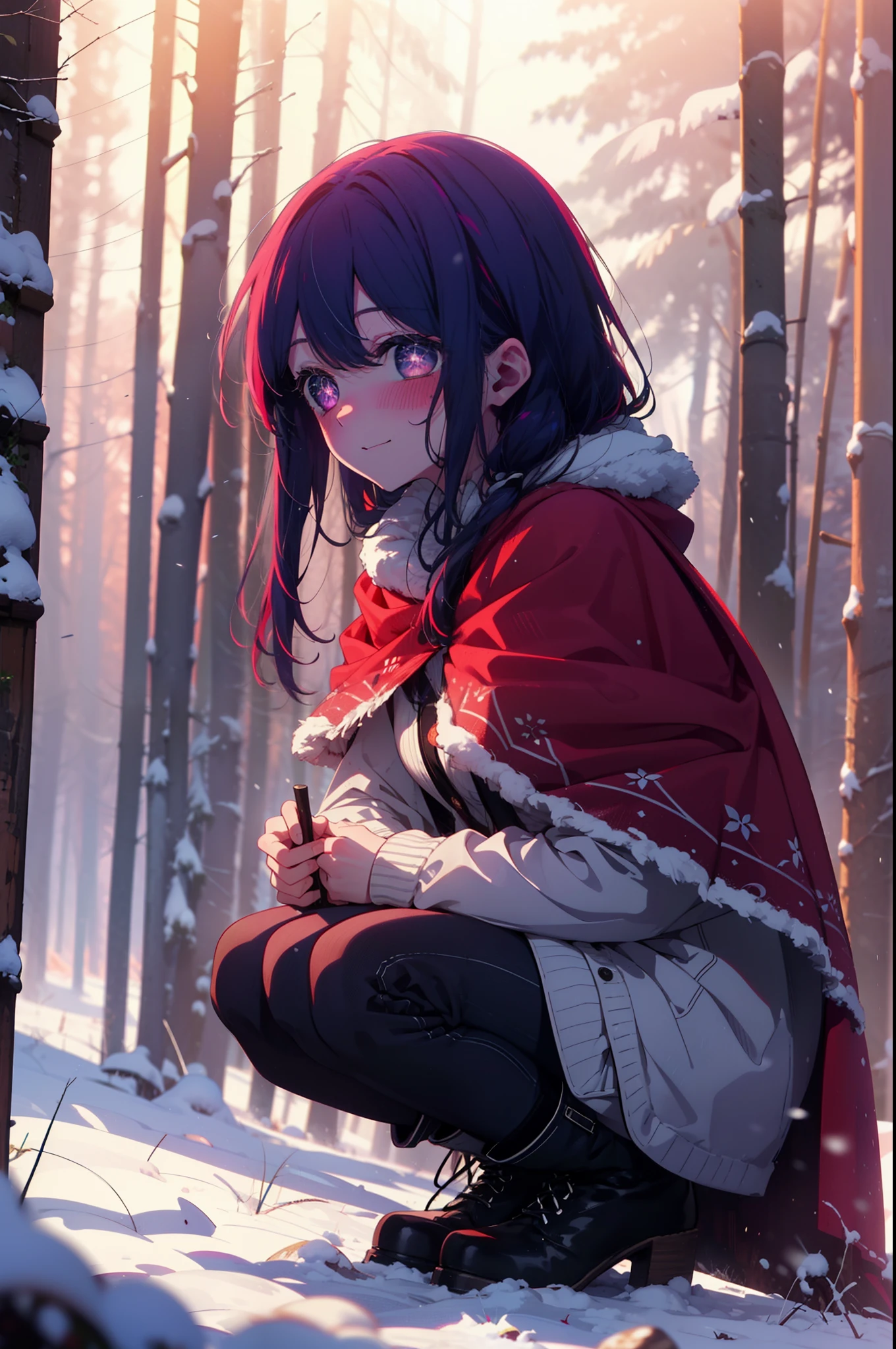 aihoshino, Ai Hoshino, Long Hair, bangs, (Purple eyes:1.1), Purple Hair, (Symbol-shaped pupil:1.5), smile,,smile,blush,white breath,
Open your mouth,snow,Ground bonfire, Outdoor, boots, snowing, From the side, wood, suitcase, Cape, Blurred, , forest, White handbag, nature, Squat, Mouth closed, Cape, winter, Written boundary depth, Black shoes, red Cape break looking at viewer, Upper Body, whole body, break Outdoor, forest, nature, break (masterpiece:1.2), Highest quality, High resolution, unity 8k wallpaper, (shape:0.8), (Beautiful and beautiful eyes:1.6), Highly detailed face, Perfect lighting, Highly detailed CG, (Perfect hands, Perfect Anatomy),