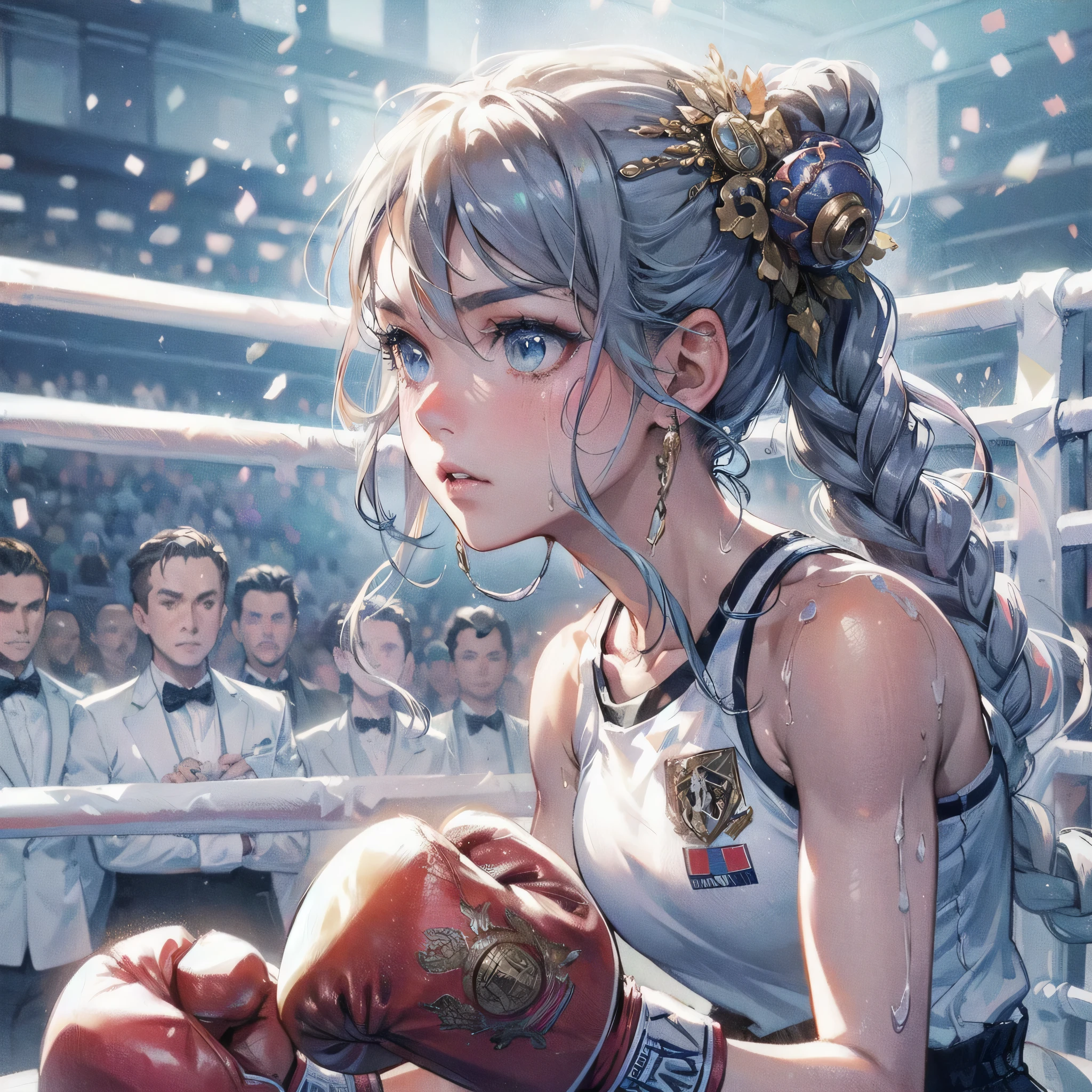 masterpiece, (textured skin), best quality, gorgeous beautiful girl, (a female boxing athlete), detailed clothes,large breasts,narrow waist,, (beautiful face), cinematic lighting, (at boxing venue ),