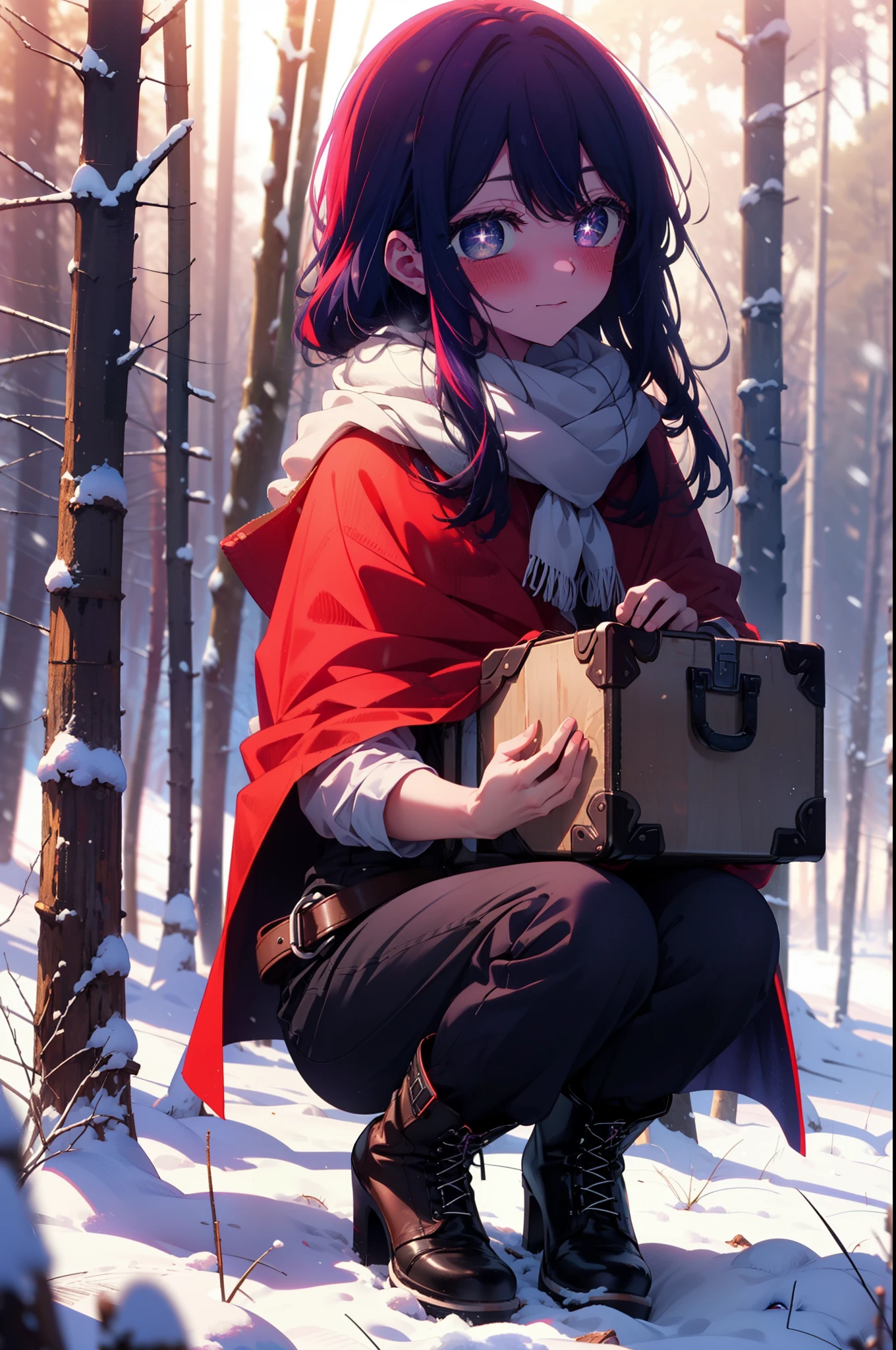 aihoshino, Ai Hoshino, Long Hair, bangs, (Purple eyes:1.1), Purple Hair, (Symbol-shaped pupil:1.5), smile,,smile,blush,white breath,
Open your mouth,snow,Ground bonfire, Outdoor, boots, snowing, From the side, wood, suitcase, Cape, Blurred, , forest, White handbag, nature,  Squat, Mouth closed, Cape, winter, Written boundary depth, Black shoes, red Cape break looking at viewer, Upper Body, whole body, break Outdoor, forest, nature, break (masterpiece:1.2), Highest quality, High resolution, unity 8k wallpaper, (shape:0.8), (Beautiful and beautiful eyes:1.6), Highly detailed face, Perfect lighting, Highly detailed CG, (Perfect hands, Perfect Anatomy),