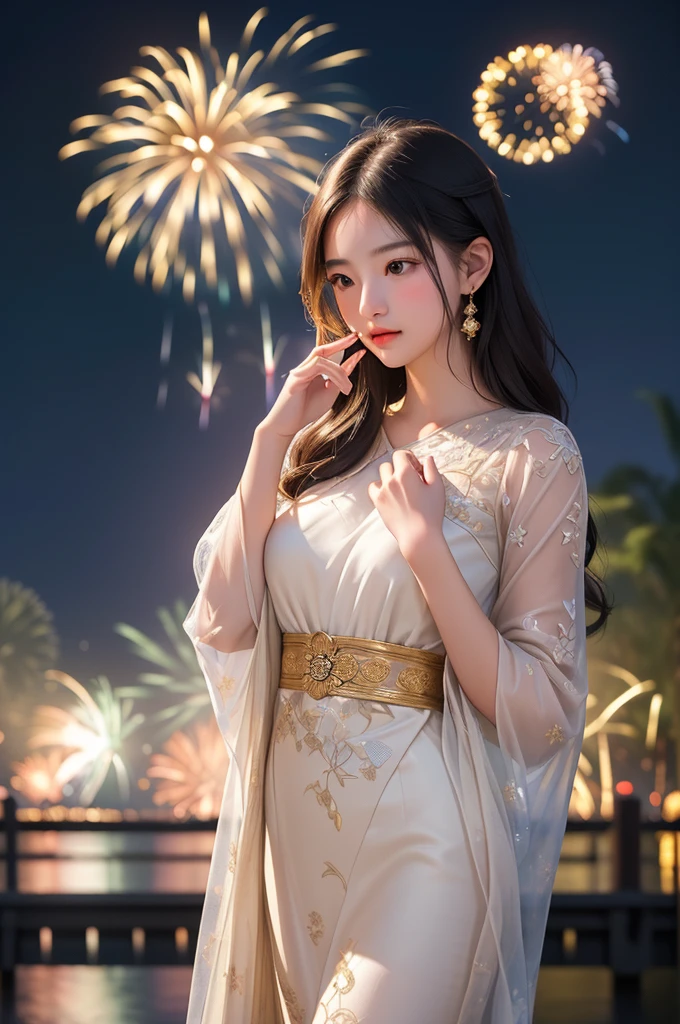 (masterpiece, Highest quality), Intricate details, thin,((夜のOutdoorで、Please draw a young woman looking down and enjoying hand-held fireworks.。Please do not include fireworks in the background。Please describe how the light from the hand-held fireworks gently illuminates the woman&#39;s face.。The atmosphere should be calm and quiet on a summer night.。)), ((slim)), beautiful girl, Light pink hair, White skin, Light purple eyes, Sharp jawline, Messy Hair, lips, Upper Body, close, Grin, Outdoor,