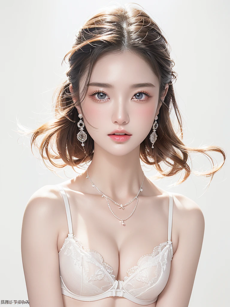 White Background、Professional Lighting、(((Professional Lighting 1.5)))、Translucent skin texture、Beautiful Skin、Beautiful Skin、、(((Whitening 1.5)))、White bra、See through、、Ecstasy of Musical Notes、((White bra1.5))、See through1.5、Bust up photo、Simple earrings and necklace、Fluttering Hair、