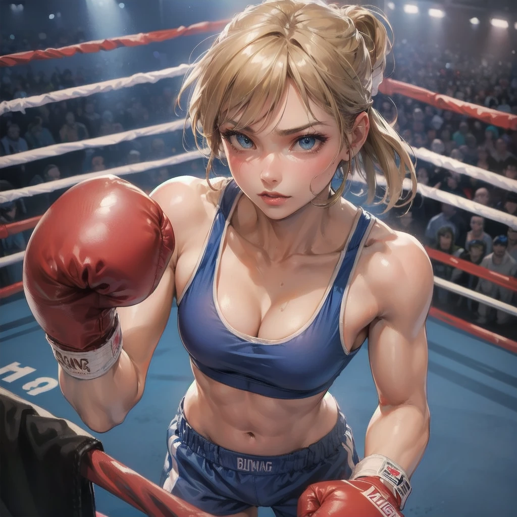 masterpiece, (textured skin), best quality, gorgeous beautiful girl, (a female boxing athlete), detailed clothes,large breasts,narrow waist,, (beautiful face), cinematic lighting, (at boxing venue ),