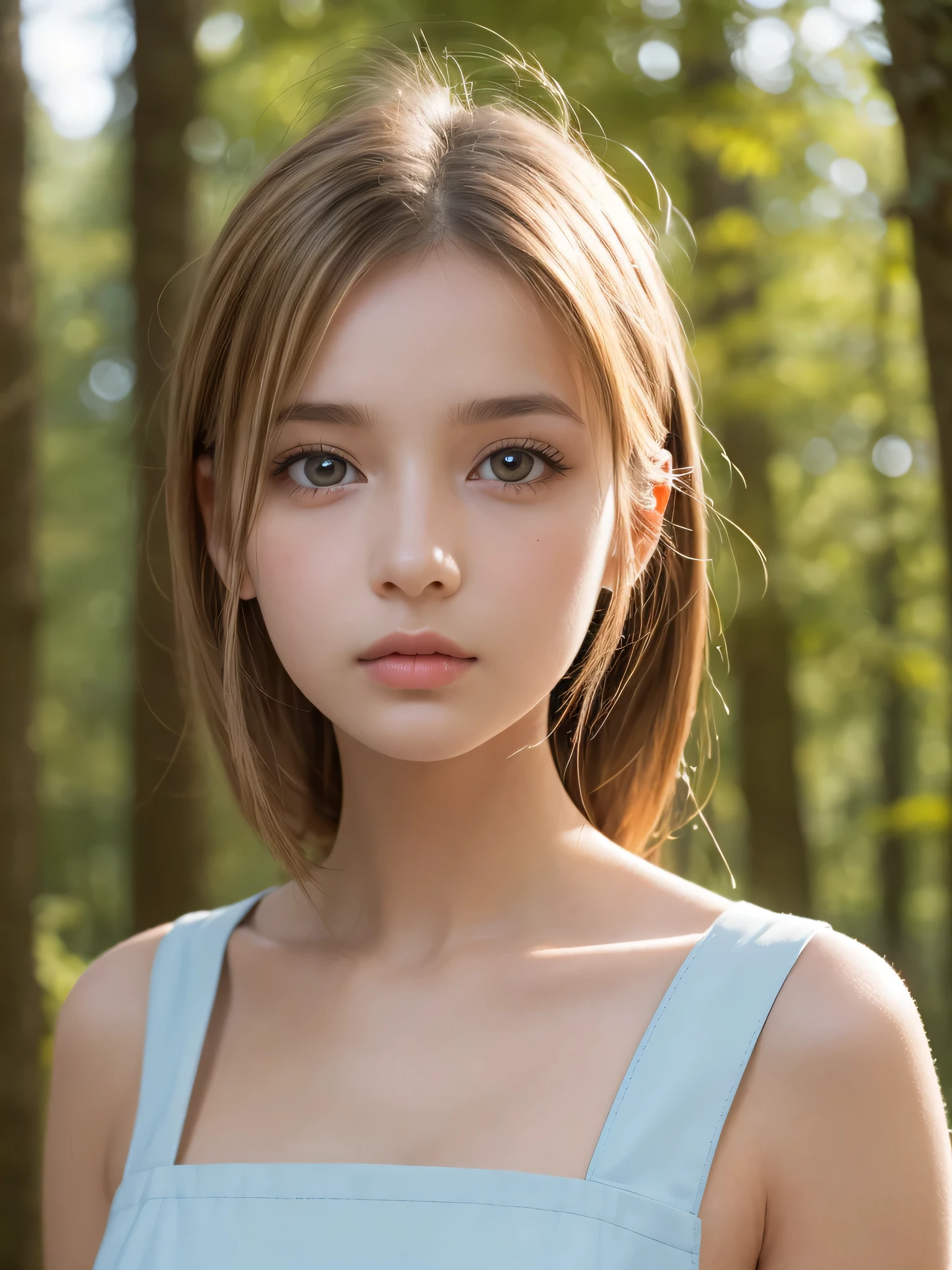 One Girl，(1人のとてもcute女の子:1.3)，masterpiece，Highest quality，High resolution，From below，Low - Angle，Photorealistic，RAW Photos，Ray Tracing，Physically Based Rendering，beautiful girl，(12 years old:1.3)，cute，Big Blue Eyes，(detailed pupils:1.2)，(The face is facing straight ahead:1.3)，Body facing forward，Beautiful nose，Upturned nose，Fuller lips，Platinum Blonde Hair，Detailed eyelashes，Thin eyebrows，Very fine grain definition，(Symmetrical eyes，Golden Ratio:1.3)，(Face close-up，Face Focus:1.0)，Small breasts，Short neck，Light blue dress，White apron，forest，Alice in Wonderland，Spring sunlight，Soft Light，Portrait，View Viewer，Upper Body，Cinema Lighting，High resolution，Very detailed