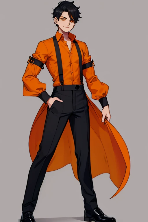 male, black short hair with yellow trim, orange eyes, (((1boy))), (((orange dress shirt with sleeves rolled up))), (black pants), (black shoes), young, long legs, smiling