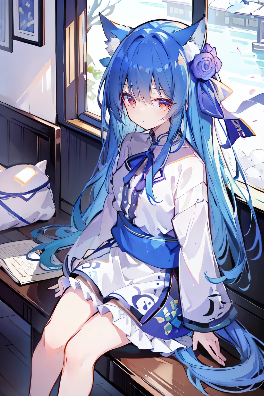 (Masterpiece:1.2)，Ultra-detailed，lifelike，The eyes are expressive，Fair skin，Perfect face shape，1 girl，
Japanese Manga，Gorgeous blue hair，Flowing blue hair，Flowing clothes，Cat ears，Petals falling，Beautiful Lola，little angel，
Cross your legs，Gentle and peaceful background，Smile，Wearing a sweatshirt，Tokyo background，background，heavy snow，冬天 on window sill drinking coffee and looking out the window