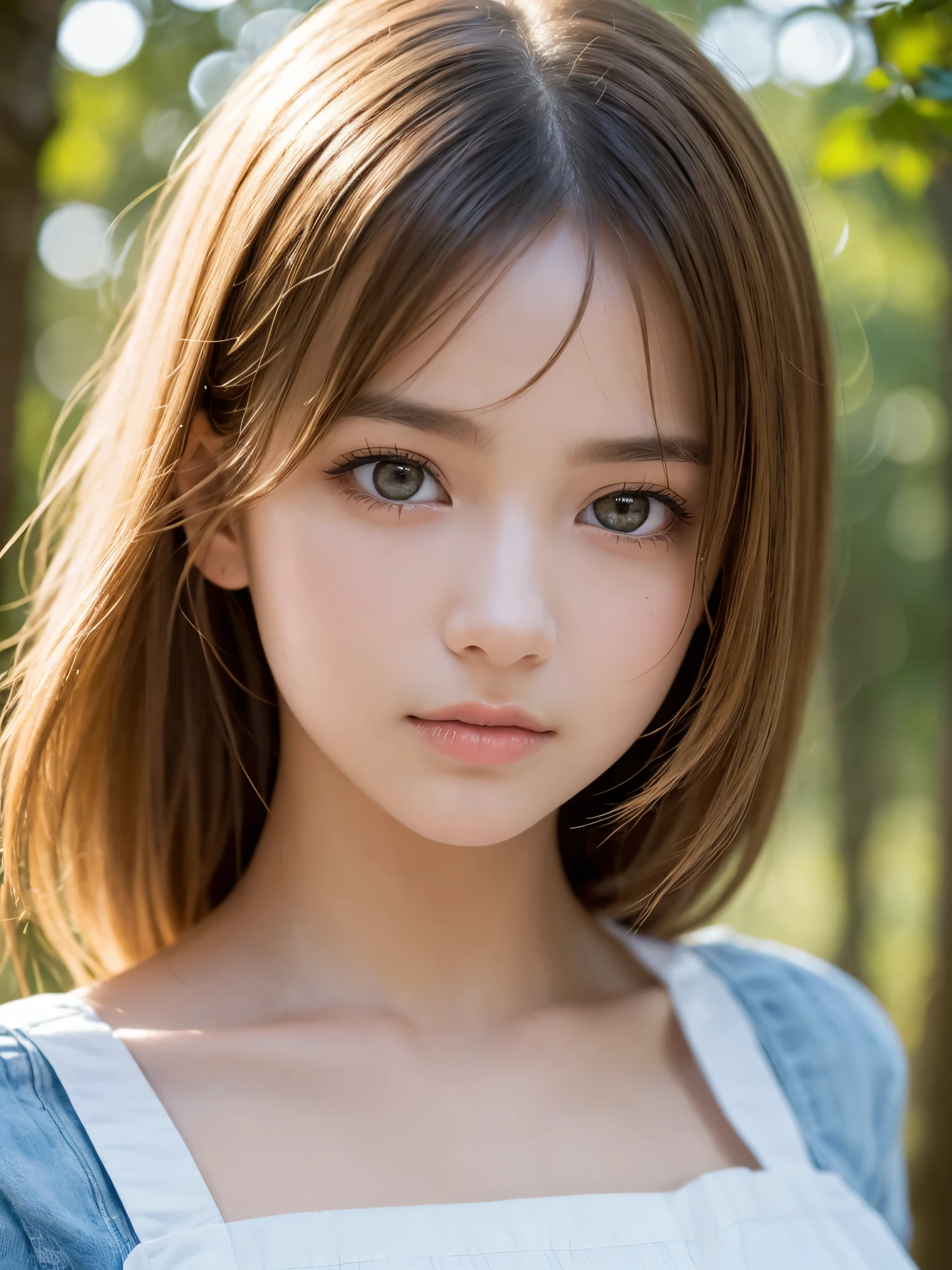 One Girl，(1人のとてもcute女の子:1.3)，masterpiece，Highest quality，High resolution，From below，Low - Angle，Photorealistic，RAW Photos，Ray Tracing，Physically Based Rendering，beautiful girl，(12 years old:1.3)，cute，Big Blue Eyes，(detailed pupils:1.2)，(Face turned to the side:1.3)，Body facing sideways，Beautiful nose，Upturned nose，Fuller lips，Platinum Blonde Hair，Detailed eyelashes，Thin eyebrows，Very fine grain definition，(Golden Ratio:1.3)，(Face close-up，Face Focus:1.0)，Small breasts，Short neck，Light blue dress，White apron，forest，Alice in Wonderland，Spring sunlight，Soft Light，Portrait，Look to the side，Upper Body，Cinema Lighting，High resolution，Very detailed