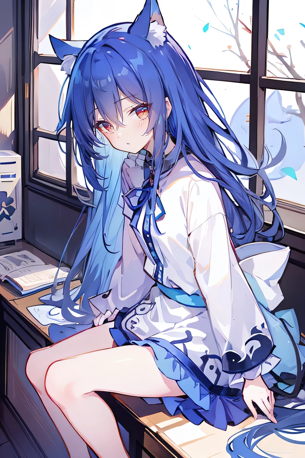 (Masterpiece:1.2)，Ultra-detailed，lifelike，The eyes are expressive，Fair skin，Perfect face shape，1 girl，
Japanese Manga，Gorgeous blue hair，Flowing blue hair，Flowing clothes，Cat ears，Petals falling，Beautiful Lola，little angel，
Cross your legs，Gentle and peaceful background，Smile，Wearing a sweatshirt，Tokyo background，background，heavy snow，冬天 on window sill drinking coffee and looking out the window