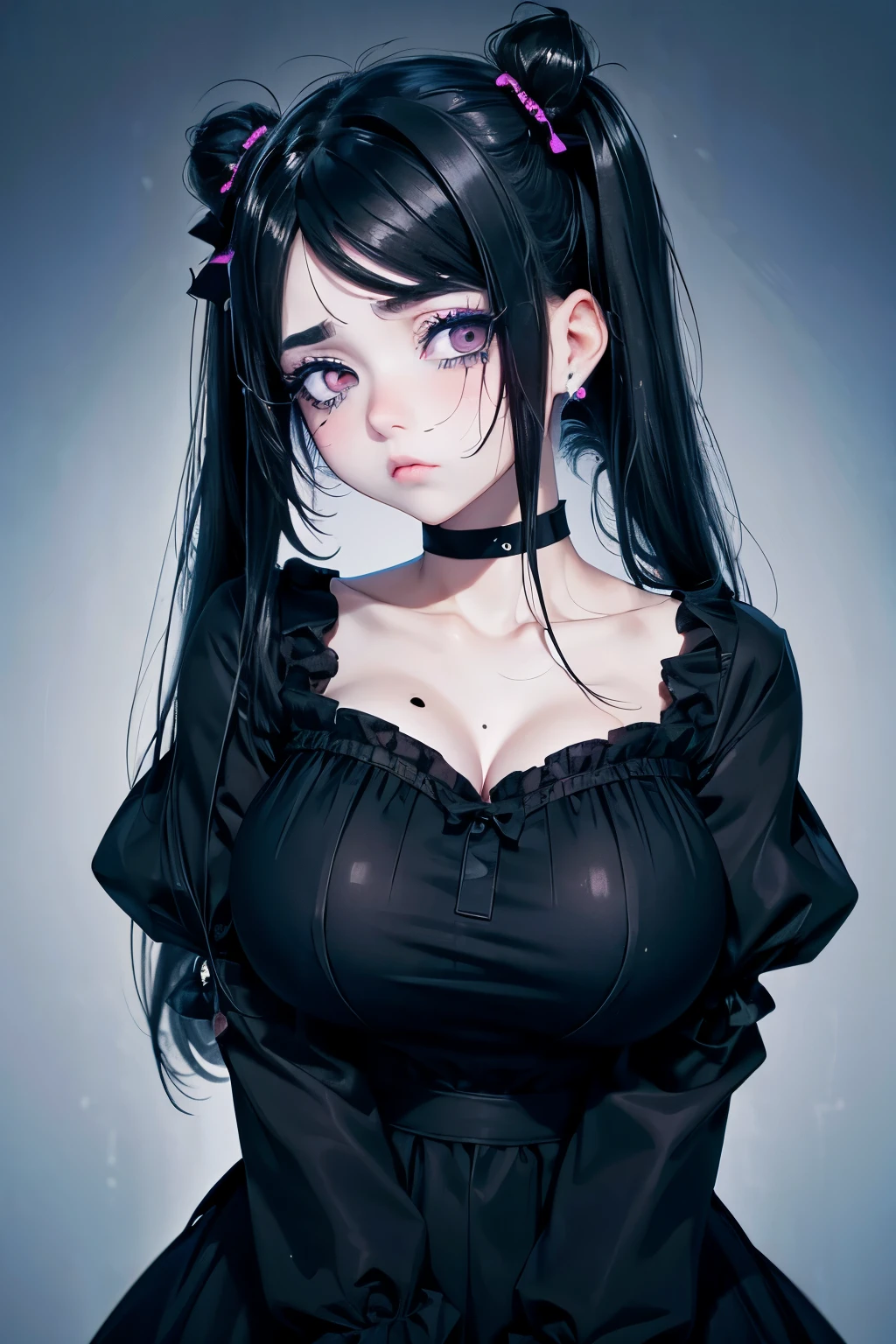 Sick Makeup Confused eyes Menhera Black dress Black twin tails Troubled face (((Dark circles under the eyes) ) Tear bags Big Breasts
