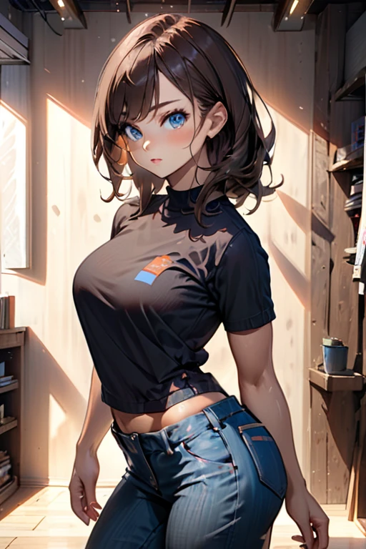 college woman; Strikingly attractive; Long, dark brown hair; blue eyes; Slender figure; best quality; soft blur background; trending on artstation; complex volumetric lighting; strong shadows; artistic lighting; dynamic; energetic vibe; realistic skin; specular highlights; micro-textures; highly detailed hair; contour drawing; wearing form-fitting modern casual clothing
