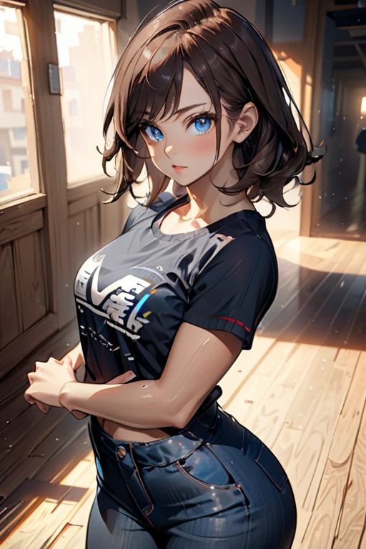 college woman; Strikingly attractive; Long, dark brown hair; blue eyes; Slender figure; best quality; soft blur background; trending on artstation; complex volumetric lighting; strong shadows; artistic lighting; dynamic; energetic vibe; realistic skin; specular highlights; micro-textures; highly detailed hair; contour drawing; wearing form-fitting modern casual clothing