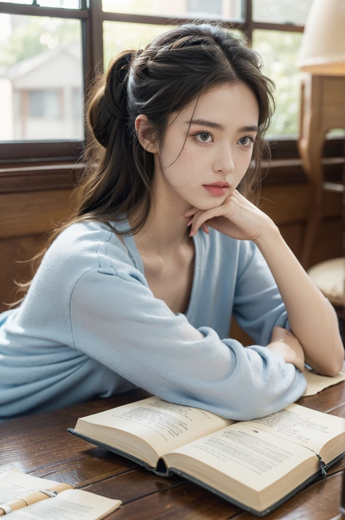 (((best quality))),(((ultra detailed))),(((masterpiece))),illustration,"1girl, sitting, desk, homework, summer night, anxious, focused, determined, diligently working, mountain of books, tied hair, sweat-drenched forehead, bright eyes, light blue sundress, white polka dots, innocence, cheer, oscillating fan, half-empty glass of iced tea, wooden surface, worn-out dictionary, highlighted flashcards, relentless pursuit of knowledge, dimly lit room, yellow bulb, faded posters, poets, scientists, inspiration, old leather swivel chair, flattened cushion, seams splitting, fingers flying across page, carefully crafted sentences, well-thought-out arguments, overwhelming pressure, assignments, desire to excel, parents proud, sacrifice, perseverance, unwavering dedication, hardship, potential for greatness