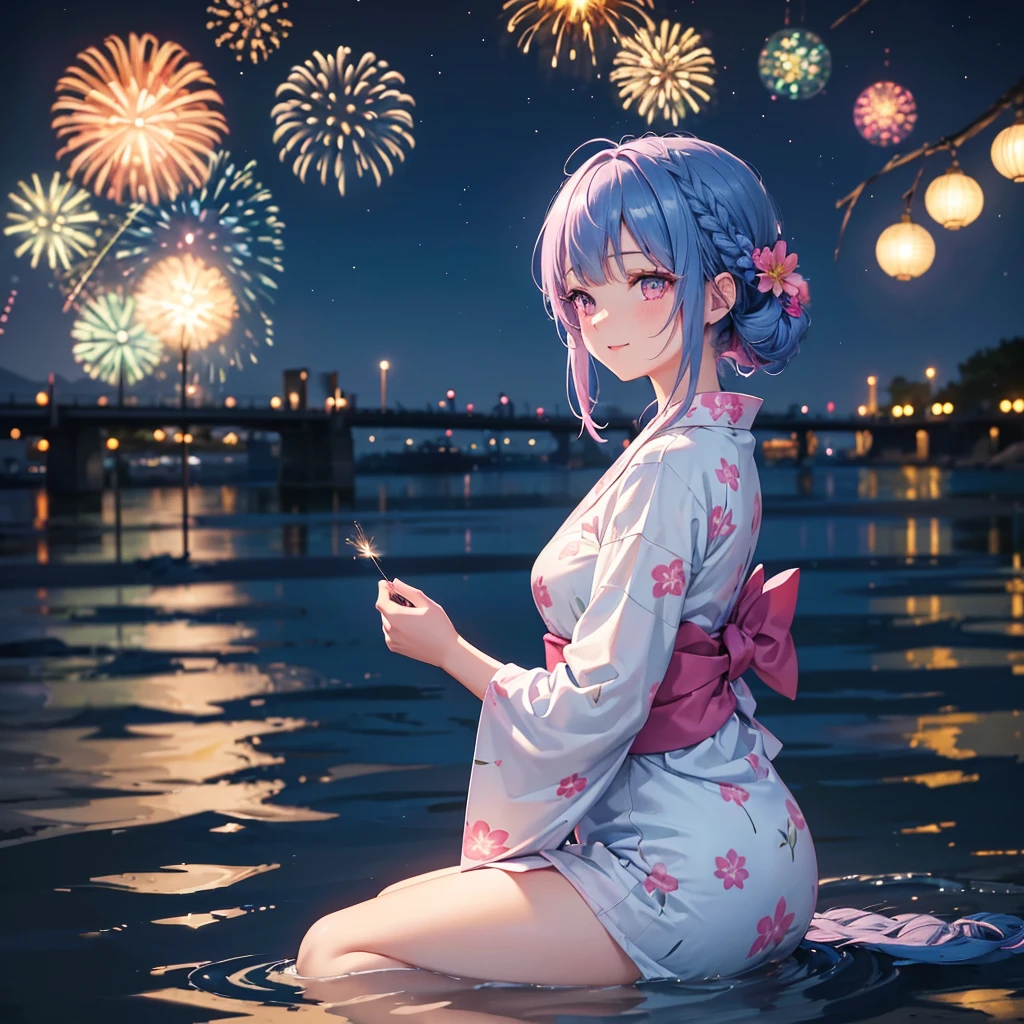 (Sky Blue Medium Hair:1.2), (Braided Hair),(Pink Eyes),Fair skin ,(whole body),(1 girl)、Floral Yukata、summer night、Extra-large fireworks filling the night sky、Huge fireworks launched from the sea、Watching the fireworks while sitting next to each other、smile、Straight bangs,(masterpiece, Highest quality, Very detailed, Best Shadow), (Detailed Background), (Beautifully detailed face), High Contrast, (Best lighting, Very delicate and beautiful), ((Cinematic Light)), colorful, Hyper Detail 8k, Dramatic Light, Intricate details,Fireworks reflected on the water surface、