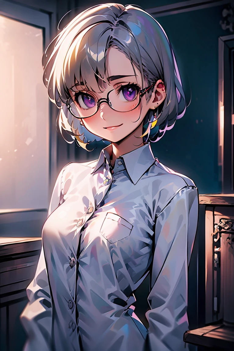 1girl, solo, glasses, blonde hair, shirt, purple eyes, short hair, smile, white shirt, looking at viewer, black-framed eyewear, collared shirt, upper body, long sleeves, blush, blurry, blurry background, breasts, dress shirt, buttons, hand on own chest, grin