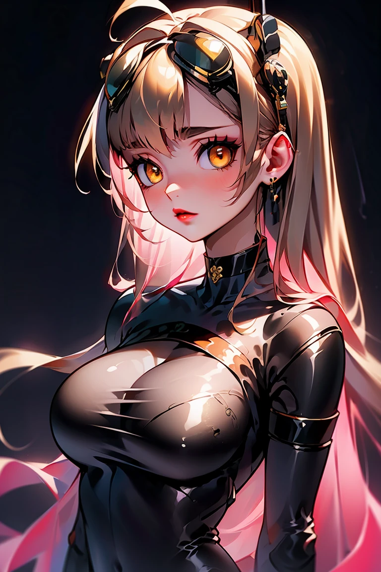 1girl, breasts, solo, blonde hair, cleavage, looking at viewer, long hair, yellow eyes, hairband, black background, red lips, simple background, large breasts, upper body, makeup, choker, black hairband, lips, ahoge, lipstick, goggles, eyelashes, collar, goggles on head