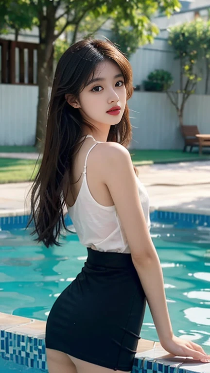 1 Girl,swimming pool,Soft Light,Chinese Beauty,Suit skirt,stocking,Long hair
