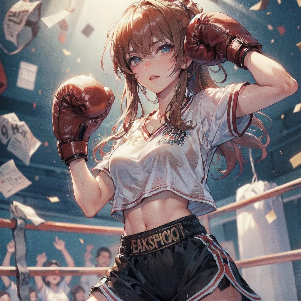  masterpiece, (textured skin), best quality, gorgeous beautiful girl, (a female boxing athlete), detailed clothes,large breasts,narrow waist,, (beautiful face), cinematic lighting, (at boxing venue ),