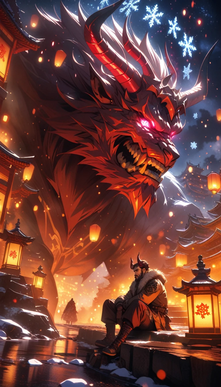 ((best quality)) , ((masterpiece)) , (detailed)，horns, giant, glowing, glowing eyes, beard, male focus, 1boy,  helmet, holding, facial hair, fur trim, teeth, muscular,((full body))，((full body)),beautiful detailed sky, night, stars, (red plum blossom),((winter)),(((snowflakes))), ((red and white flowers))，(starry sky),(sitting),((colorful)),scenery, lantern,(starfall)