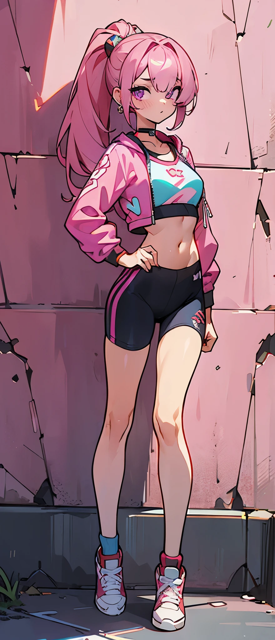 (masterpiece, best quality, 1girl, solo, intricate details, chromatic aberration), realistic, ((medium breath)),long hair, pink hair, red head ornament, pink highlights, hair over one eye,purple eyes, earrings, sharp eyes, choker, neon shirt, open jacket, crop top, (symmetry eyes),(perfect symmetrical body),against wall, brick wall, graffiti, dim lighting, alley ,look at viewer, woman at a gym, cute, front Pose, fitness girl, standing, erect Pose, symetrical, fitness model, skinny, Red sneakers, best qualityer, relaxed arms, hands down, ankle, fullbody view, stand straight with your back upright. Keep your shoulders back and maintain a straight line from your head to your feet, symmetrical frontal view, face aligned,