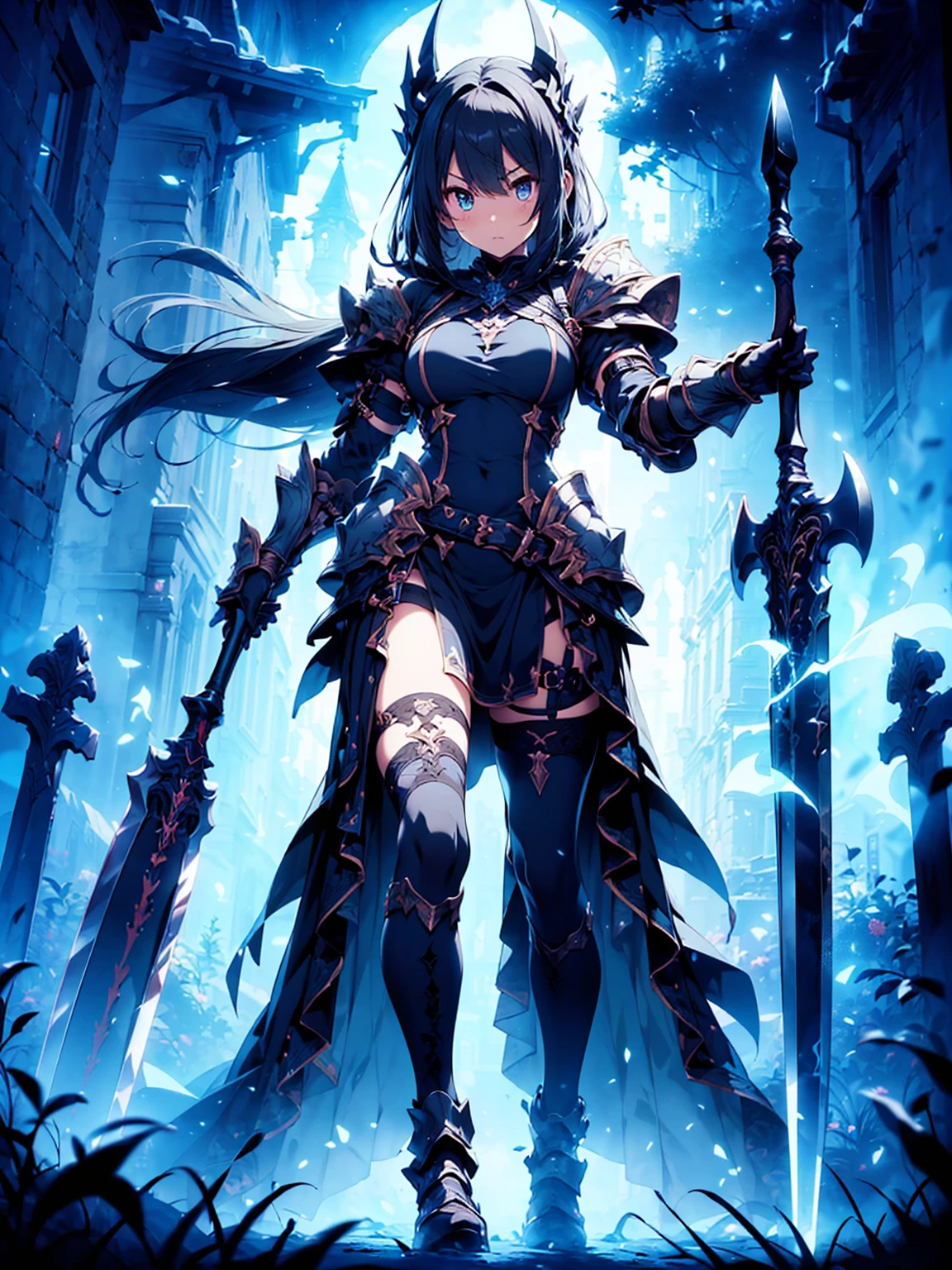 (((masterpiece, best quality, high detailed, 8k))) Design a layout showcase Gaming character, (1girl). Black|Gold clothes, stylish and unique. ((showcase weapon:1.4)), dark scythe. (masterpiece:1.2), (best quality), 4k, ultra-detailed. (Step by step design, layout art:1.5), (luminous lighting, atmospheric lighting). necromancer, ((glove full hands)), (((revealing clothes:1.3))), vambraces, armored legwear, (((full_body_shot:1.4))). {In a haunted graveyard}.