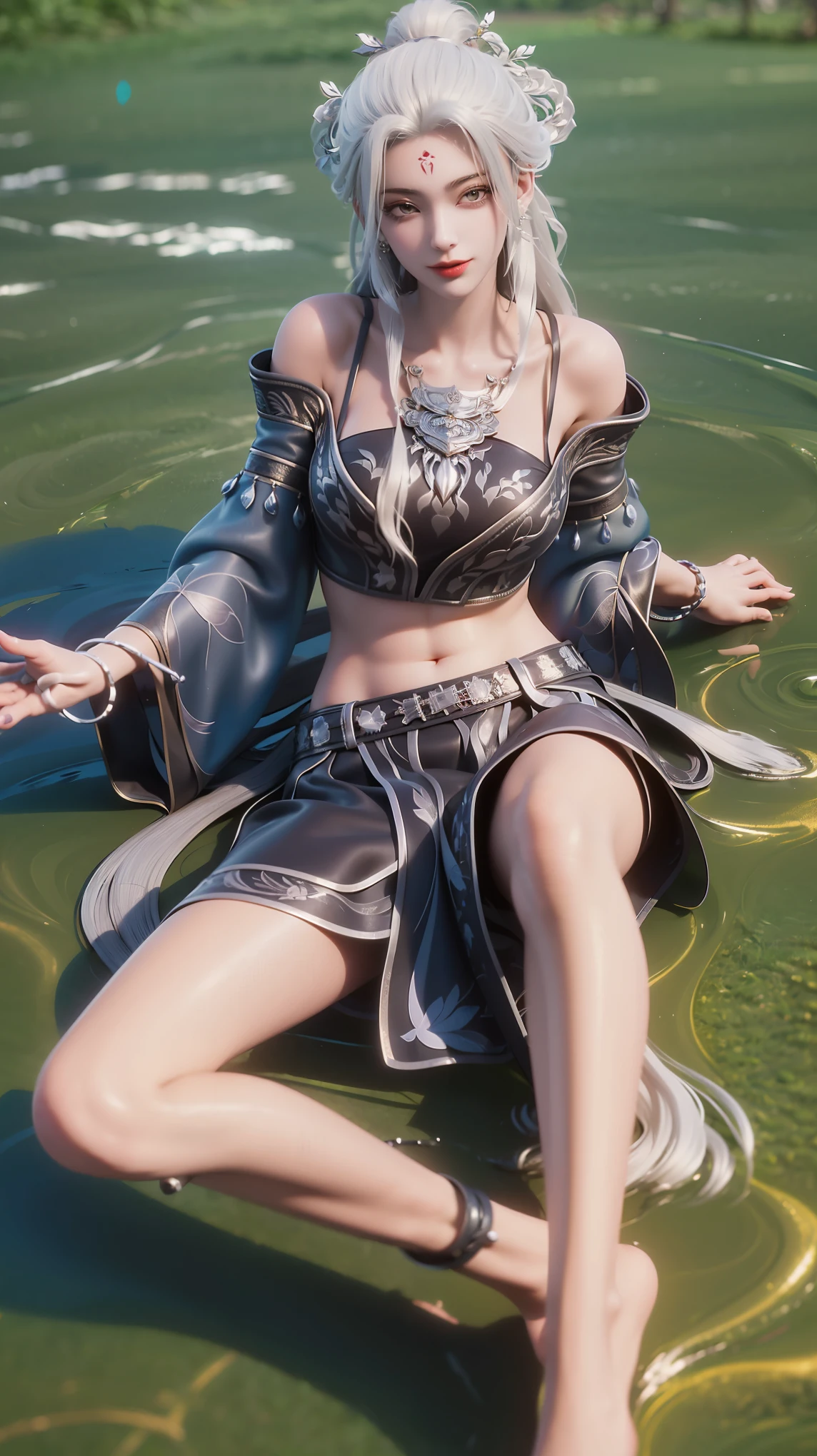一个穿着连衣裙的女孩躺在Starry Sky下的床上,Exquisite smile,Beautiful and delicate eyes,Beautiful and delicate lips,Extremely detailed face and eyes,Long eyelashes,Full body,Flowing hair,belly button,best quality,excellent work,Super,(Reality:1.4),RAW photos,(Beautiful face:1.2),(Lying on the water:1.5),1 girl,(absurd),(8k), (4K),Octane Rendering,Starry Sky,((Full body view)),barefoot,Cross-legged