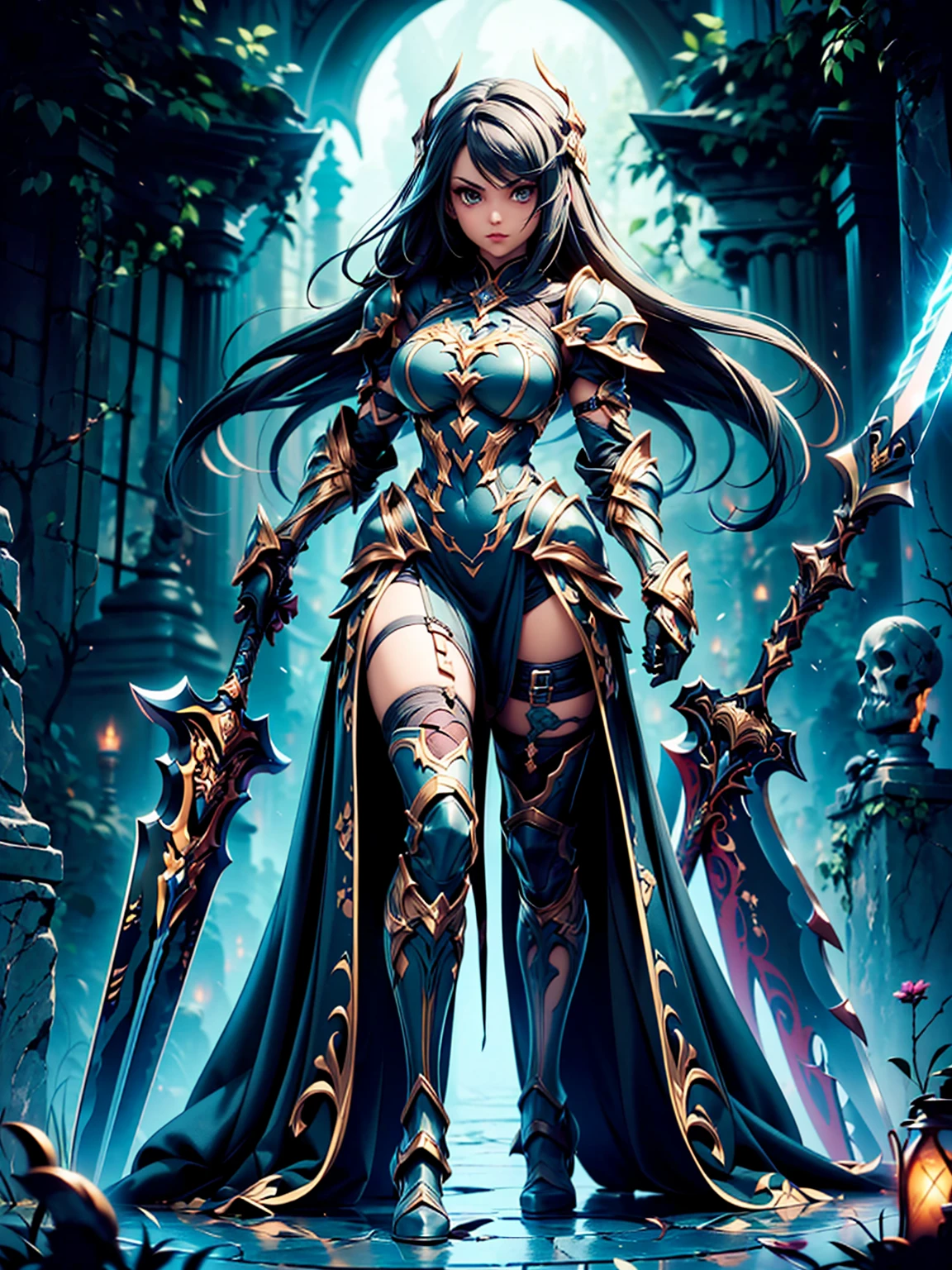 (((masterpiece, best quality, high detailed, 8k))) Design a layout showcase Gaming character, (1girl). Black|Gold clothes, stylish and unique. ((showcase weapon:1.4)), dark scythe. (masterpiece:1.2), (best quality), 4k, ultra-detailed. (Step by step design, layout art:1.5), (luminous lighting, atmospheric lighting). necromancer, ((glove full hands)), (((revealing clothes:1.3))), vambraces, armored legwear, (((full_body_shot:1.4))). {In a haunted graveyard}.