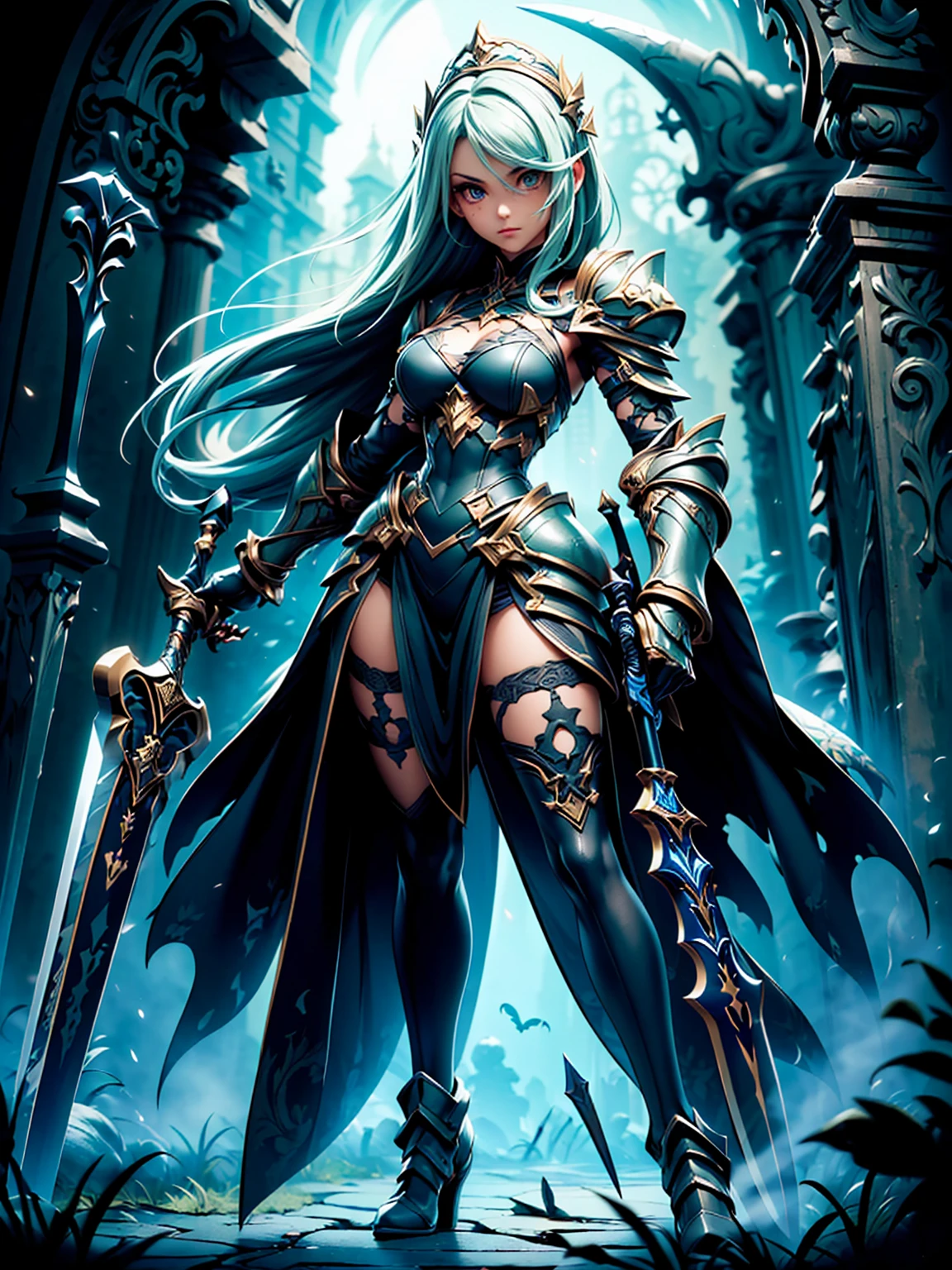 (((masterpiece, best quality, high detailed, 8k))) Design a layout showcase Gaming character, (1girl). Black|Gold clothes, stylish and unique. ((showcase weapon:1.4)), dark scythe. (masterpiece:1.2), (best quality), 4k, ultra-detailed. (Step by step design, layout art:1.5), (luminous lighting, atmospheric lighting). necromancer, ((glove full hands)), (((revealing clothes:1.3))), vambraces, armored legwear, (((full_body_shot:1.4))). {In a haunted graveyard}.