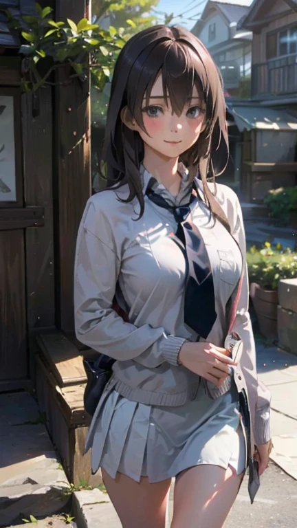 (masterpiece:1.2, top-quality), (realistic, photorealistic:1.4), beautiful illustration, (natural side lighting, movie lighting),
looking at viewer, cowboy shot, front view:0.6, 1 girl, japanese, high school girl, perfect face, cute and symmetrical face, shiny skin,
(long hair:1.4, high ponytail:1.7, light brown hair), hair between eye, emerald green eyes, long eye lasher, (large breasts:0.9, thick thighs),
beautiful hair, beautiful face, beautiful detailed eyes, beautiful clavicle, beautiful body, beautiful chest, beautiful thigh, beautiful legs, beautiful fingers,
((long sleeve white collared shirts, navy pleated miniskirt, navy tie, light grey cardigan)), pink panties,
(beautiful scenery), evening, riverside, walking, hands on chest, (lovely smile, upper eyes),