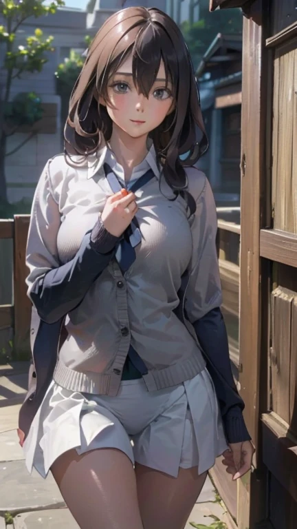 (masterpiece:1.2, top-quality), (realistic, photorealistic:1.4), beautiful illustration, (natural side lighting, movie lighting), 
looking at viewer, cowboy shot, front view:0.6, 1 girl, japanese, high school girl, perfect face, cute and symmetrical face, shiny skin, 
(long hair:1.4, high ponytail:1.7, light brown hair), hair between eye, emerald green eyes, long eye lasher, (large breasts:0.9, thick thighs), 
beautiful hair, beautiful face, beautiful detailed eyes, beautiful clavicle, beautiful body, beautiful chest, beautiful thigh, beautiful legs, beautiful fingers, 
((long sleeve white collared shirts, navy pleated miniskirt, navy tie, light grey cardigan)), pink panties, 
(beautiful scenery), evening, riverside, walking, hands on chest, (lovely smile, upper eyes), 