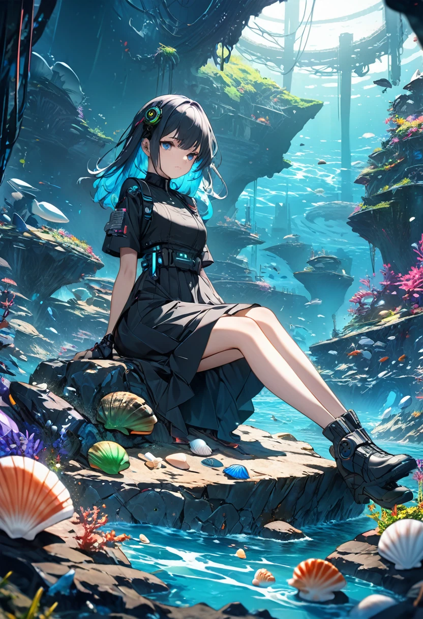 Wearing a black dress、Anime girl sitting on a rock surrounded by seashells, anime art wallpaper 4k, anime art wallpaper 4k, 4K Manga Wallpapers, Wallpaper Anime Blue Water, Anime Art Wallpapers 8K, Deep Sea Cyberpunk, Anime fantasy artwork, Ultra HD Anime Wallpaper, Anime Style 4k, 4k anime wallpaper, Highly detailed digital art in 4K
