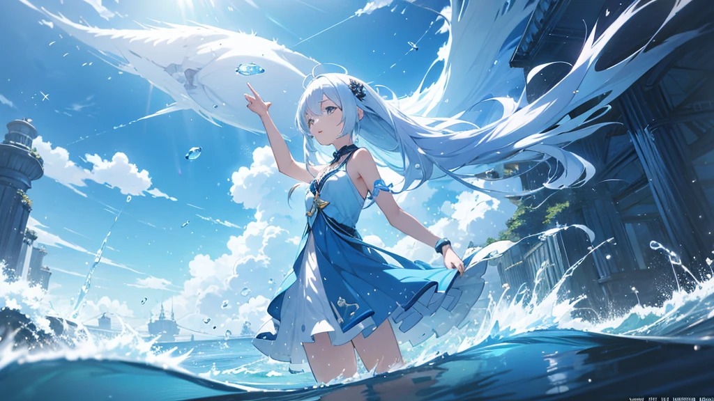anime girl with white hair and blue dress in the water, an anime drawing by Yuumei, pixiv contest winner, fantasy art, anime art wallpaper 8 k, anime art wallpaper 4k, anime art wallpaper 4 k, anime style 4 k, anime wallpaper 4k, anime wallpaper 4 k, 4k anime wallpaper, wallpaper anime blue water, 4 k manga wallpaper