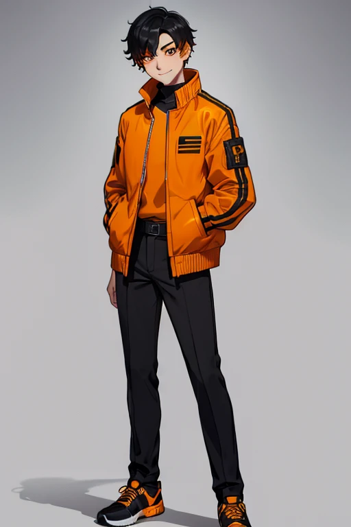 male, black short hair with yellow trim, orange eyes, (((1boy))), (((orange jacket))), (black shirt), (black pants), (black shoes), young, long legs, smiling