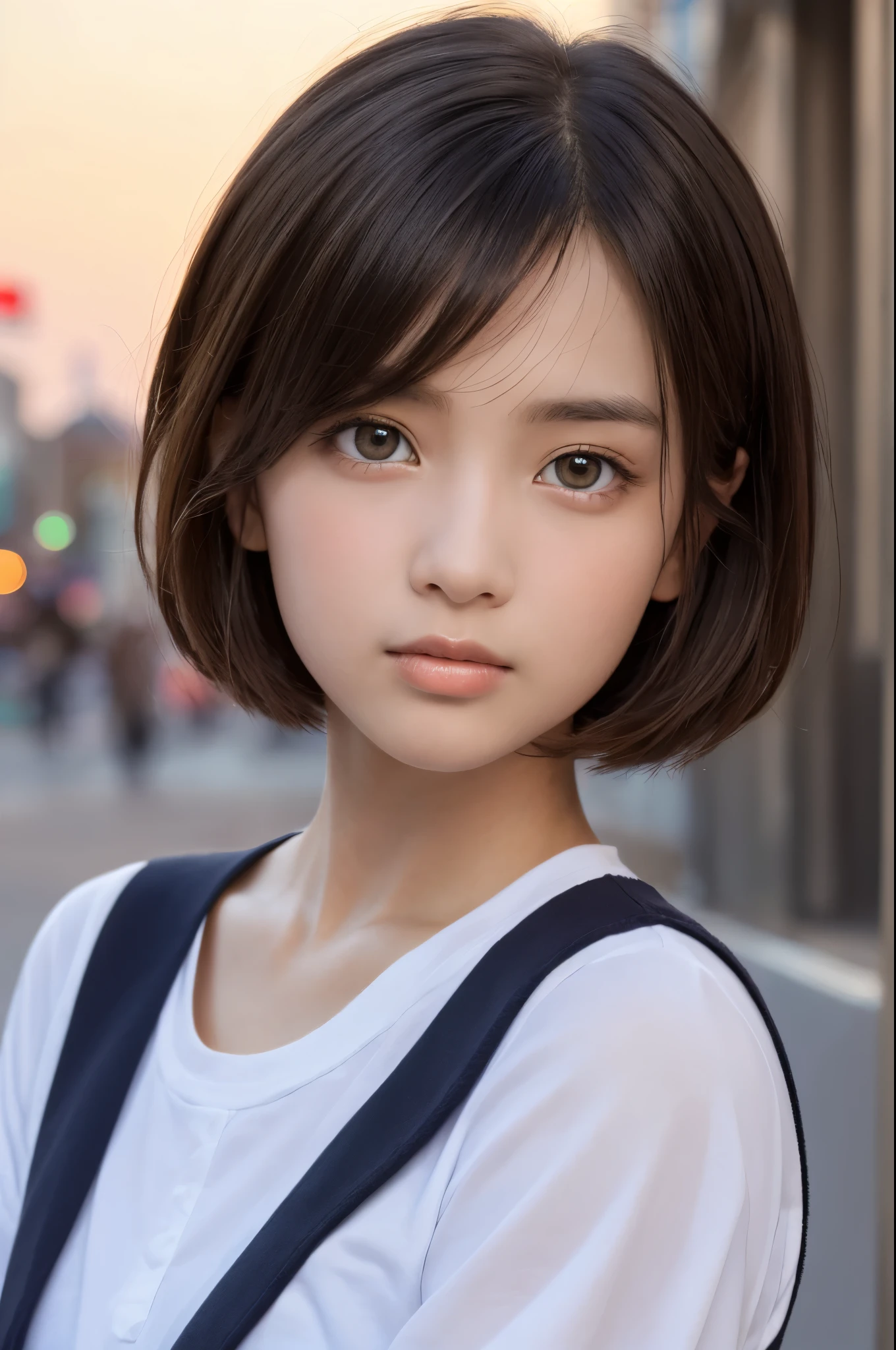 One Girl，(1人のとてもcute女の子:1.3)，masterpiece，Highest quality，High resolution，From below，Low - Angle，Photorealistic，RAW Photos，Ray Tracing，Physically Based Rendering，beautiful girl，(15 years old:1.3)，cute，Big eyes，(detailed pupils:1.2)，(The face is facing straight ahead:1.3)，Body facing forward，Beautiful nose，High nose，Upturned nose，Fuller lips，Short black hair，ponytail，short hair，Detailed eyelashes，Thin eyebrows，Very fine grain definition，(Symmetrical eyes，Golden Ratio:1.3)，(Face close-up，Face Focus:1.0)，Small breasts，Short neck，Sailor suit，School uniforms，A city with slopes，Downtown，sunset，Sunset，Portrait，View Viewer，Upper Body，Cinema Lighting，High resolution，Very detailed