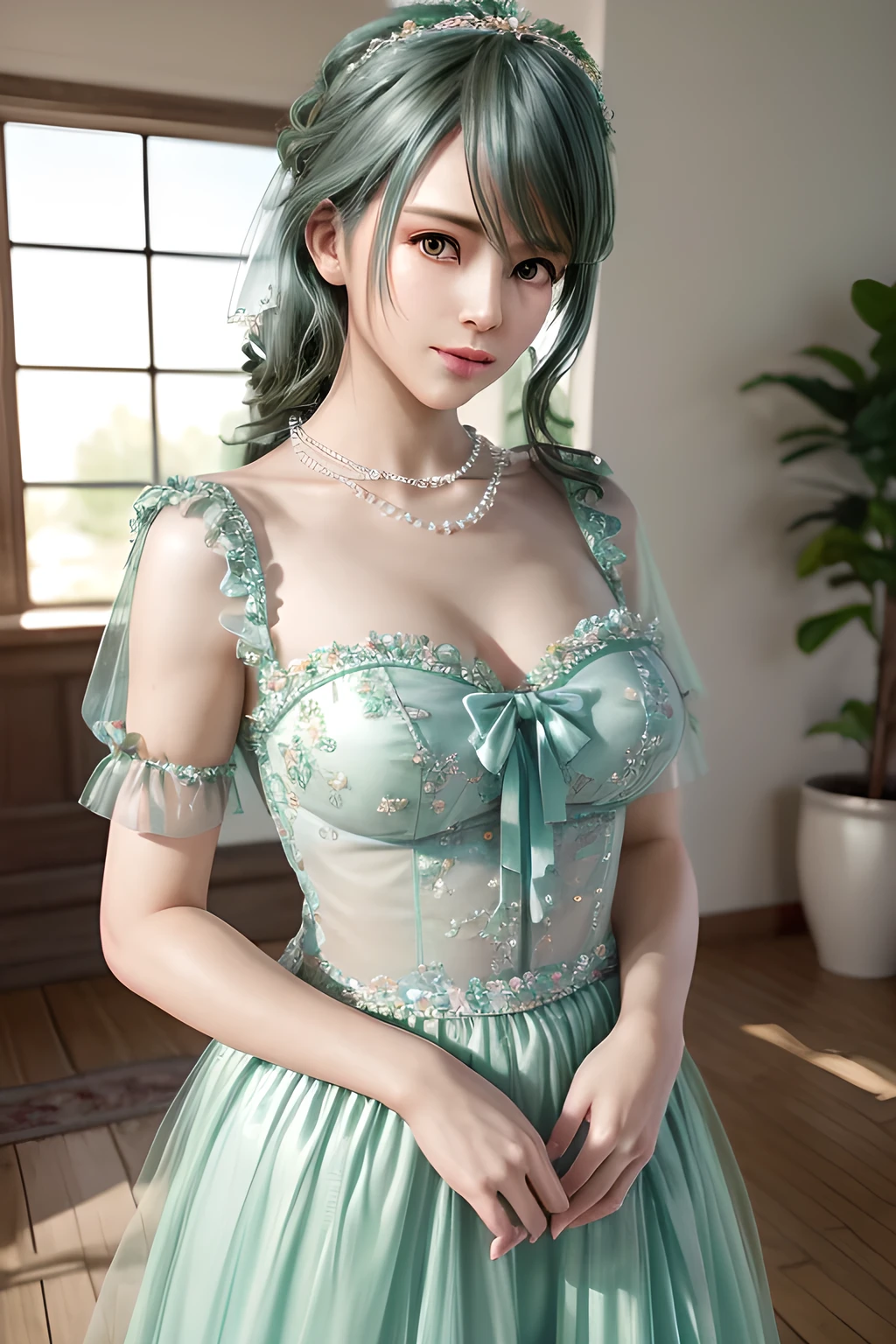 1girl,They wear a light green dress with sheer puff sleeves and a fitted bodice, tied with a light blue bow at the waist. The outfit exudes a feminine and sophisticated beauty, with a pearl necklace around her neck and flower accessories in her hair. The soft natural light creates a serene and elegant atmosphere, enhancing the overall composition. The background features floral elements and sheer curtains, adding an ethereal and springtime feel to the scene., (best quality,8k,highres,masterpiece:1.2),ultra-detailed,(realistic,photorealistic,photo-realistic:1.37),studio lighting,ultra-fine painting,sharp focus,physically-based rendering,extreme detail description,professional,vivid colors