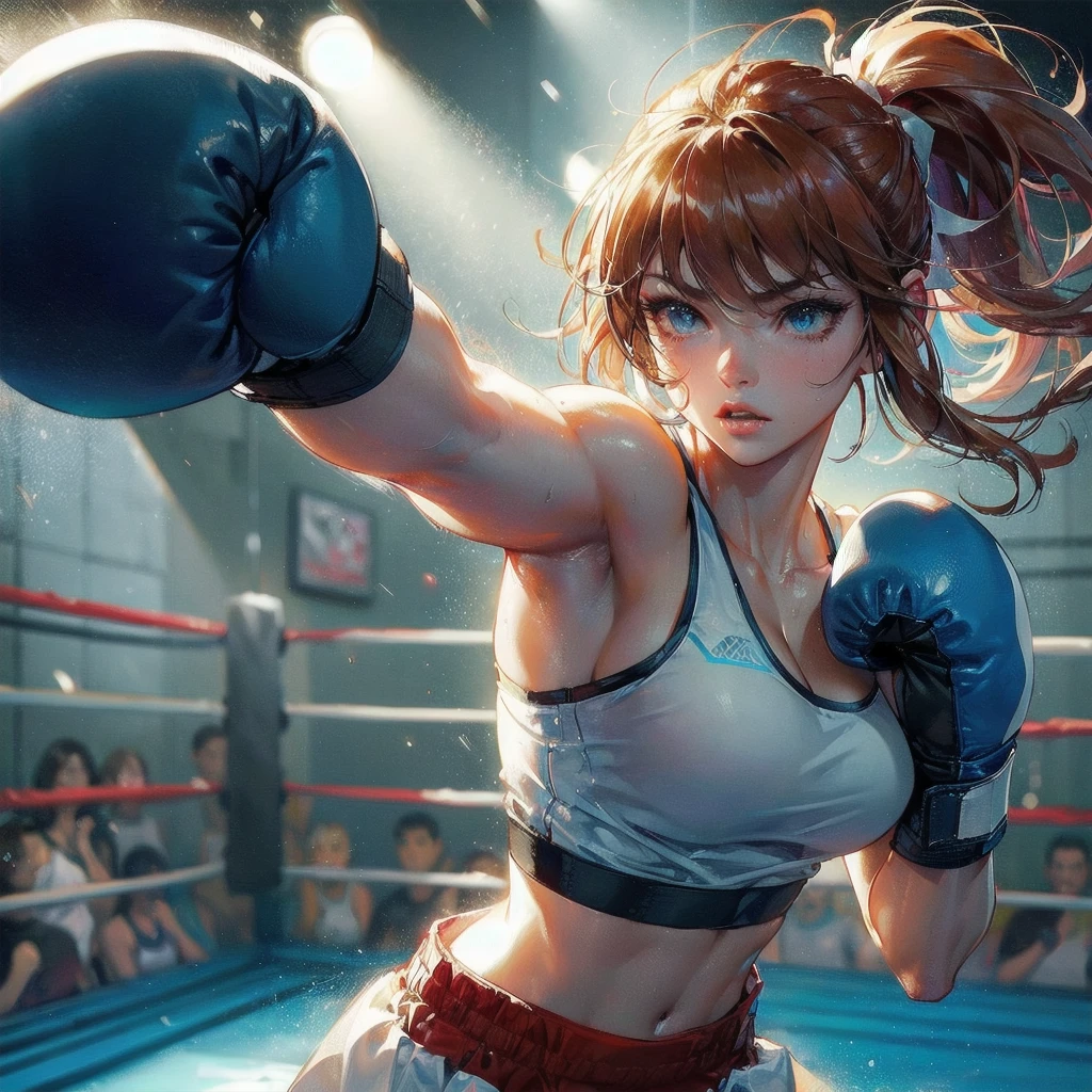 masterpiece, (textured skin), best quality, gorgeous beautiful girl, (a female boxing athlete), detailed clothes,large breasts,narrow waist,, (beautiful face), cinematic lighting, (at boxing venue ),