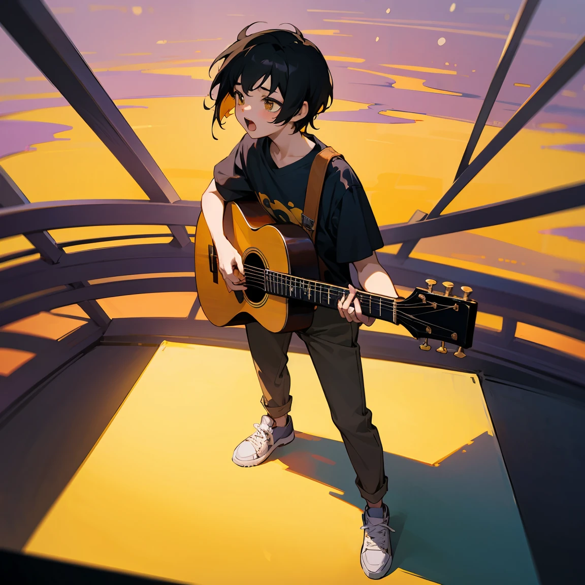Highest quality、An illustration、anime、boy、18-year-old、One person、whole body、boyish、sing while shouting、Short Hair、Black Hair、Yellow T-shirt、Black chinos、White sneakers、Acoustic guitar、Look Up、