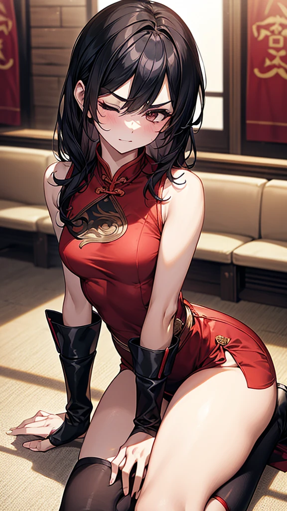{{masterpiece}}, {{{Highest quality}}},{{Very detailed}},{Gym waiting roomの椅子に深刻な表情で座っている成熟した女性},{{A sleeveless red cheongsam with a slit}},{{Black waist belt:1.4}} Sit on a chair.,cowboy shot,Focus on legs,{{one eye closed:1.4}}, Touch one hand to the stomach,anger{{Grit your teeth}},Sit with your back to the hunchback.{{blush}},{{V-shaped eyebrows}},{{Female Fighter}},Small breasts,{{Slender body}},{{Adult woman sweating with fatigue}},get annoyed,pain,A sleeveless red cheongsam with a slit Long black hair Black knee socks Black leather arm covers Fingerless gloves short boots Place your hands on your knees Red pelvic curtain Gym waiting room