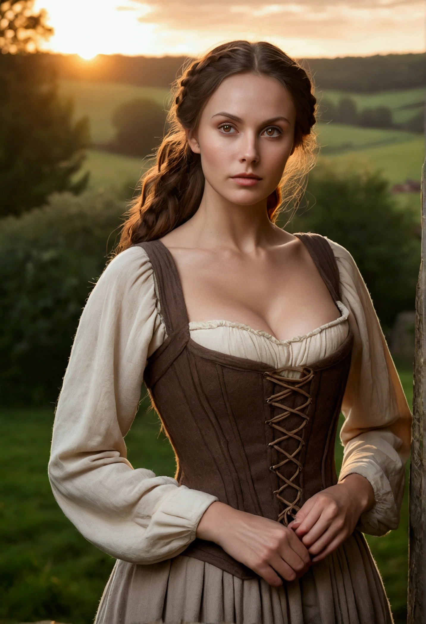 Gorgeous and sultry busty athletic (thin) brunette peasant woman with sharp features and bare breasts, modest hairstyle, medieval hair cover, rough wool taupe medieval dress, long sleeves, Wide neck, long dress, tight bodice, a corset, average age, cottage, farm, exterior, trees, countryside, evening, sunset.