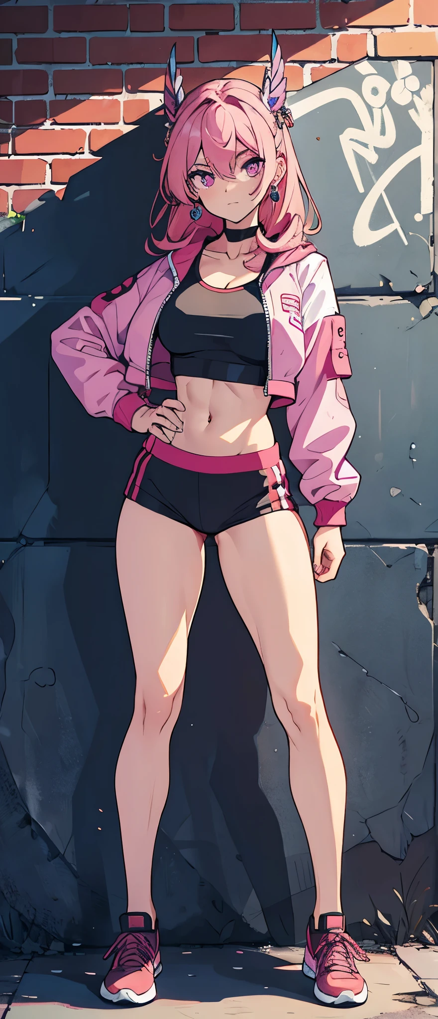 (masterpiece, best quality, 1girl, solo, intricate details, chromatic aberration), realistic, ((medium breath)),long hair, pink hair, red head ornament, pink highlights, hair over one eye,purple eyes, earrings, sharp eyes, choker, neon shirt, open jacket, crop top, (symmetry eyes),(perfect symmetrical body),against wall, brick wall, graffiti, dim lighting, alley ,look at viewer, woman at a gym, cute, front Pose, fitness girl, standing, erect Pose, symetrical, fitness model, skinny, Red sneakers, best qualityer, relaxed arms, hands down, ankle, fullbody view, stand straight with your back upright. Keep your shoulders back and maintain a straight line from your head to your feet.