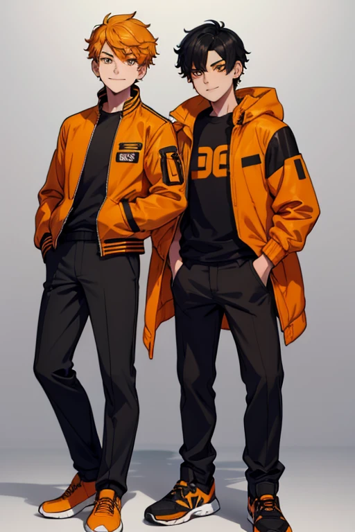 male, black short hair with yellow trim, orange eyes, (((1boy))), (((orange jacket))), (black shirt), (black pants), (black shoes), young, long legs, smiling