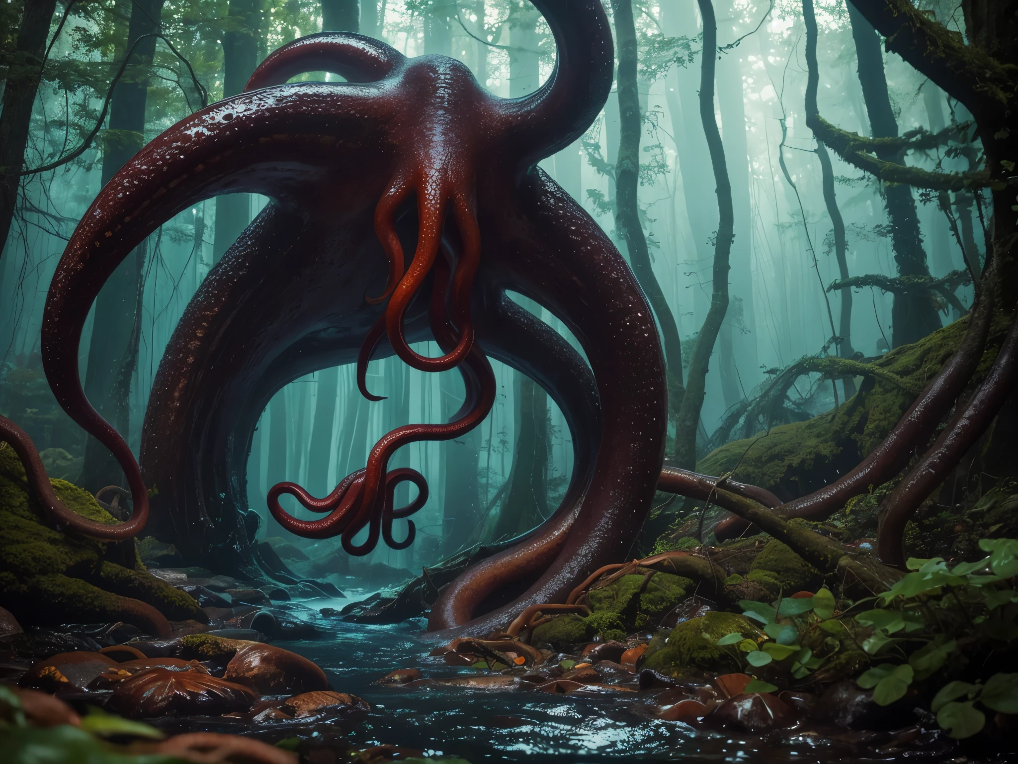 woods. warm lighting, tentacles in the water, big tentacle sneak around, fantasy creatures, tentacles around, tentacles in the background, tentacle beast, tentacle monster, full body view, wet fluid, wet ground,fullframe