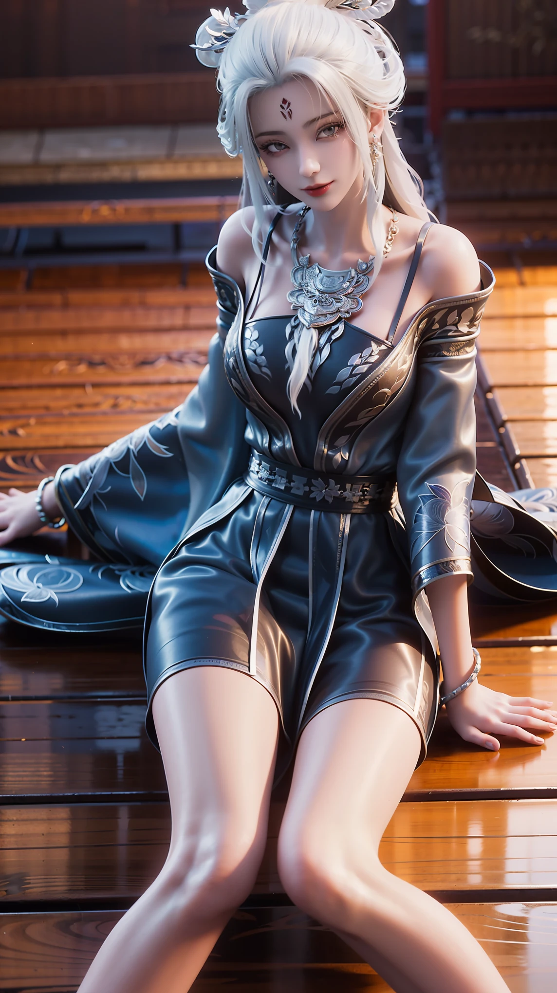 Close-up of a woman in a dress lying on a wooden floor, Japanese Goddess, Beautiful Chinese model, beautiful goddess, beautiful Asian girl, Sexy Girl, Fair, smooth and translucent skin, Chinese Girl, Asian girl, Attractive anime girl, Sexy pose, Beautiful fantasy queen, Beautiful and detailed body and face, Smooth white tights set, Light milky white porcelain skin