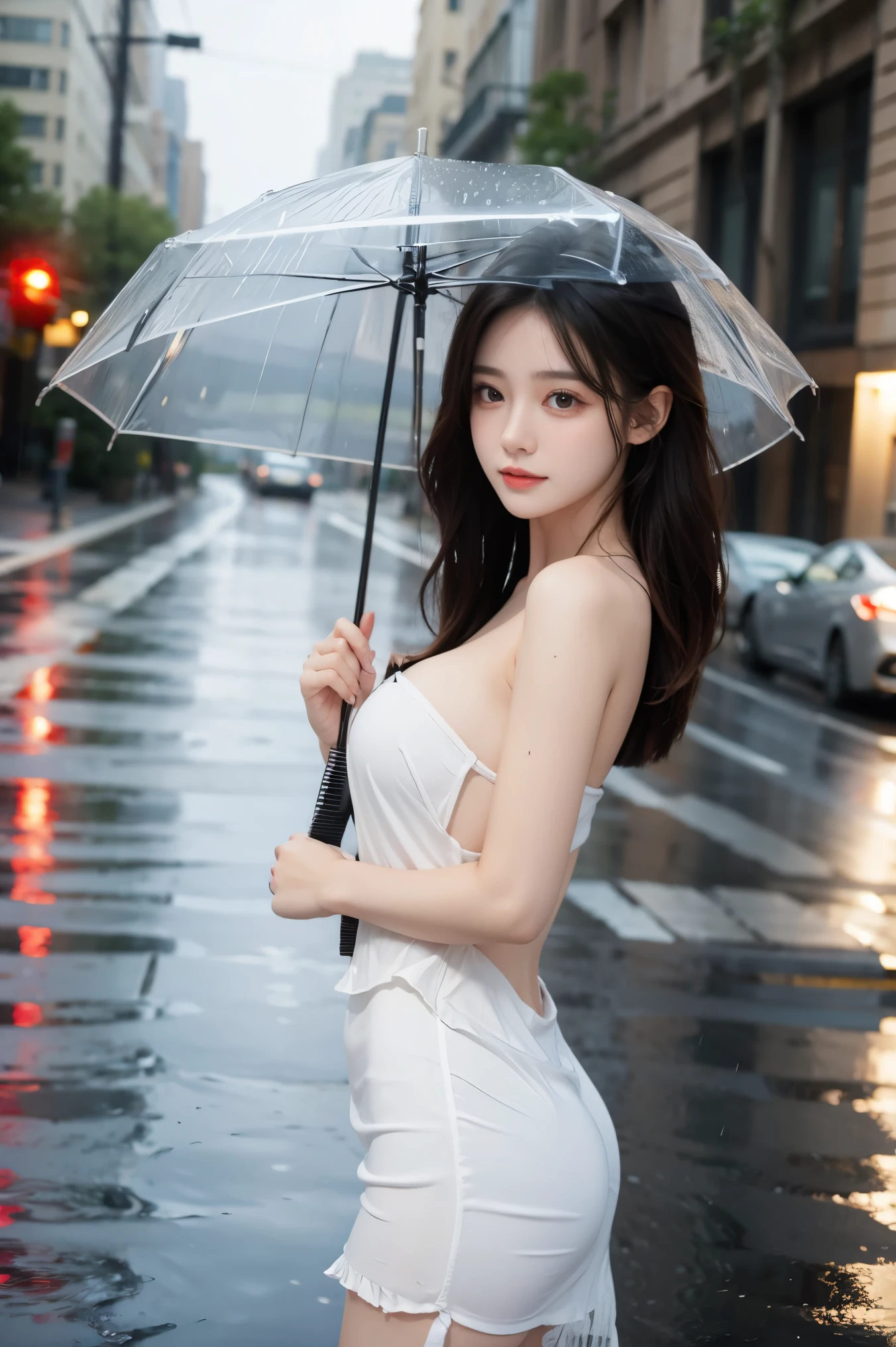 ((Best Quality, 8K, Masterpiece:1.3)), Focus: 1.2, Perfect Body Beauty: 1.4, Buttocks: 1.2, ((Layered Haircut, Breasts: 1.2)), (Wet Clothes: 1.1), (Rain, Street:1.3), Bandeau Dress: 1.1, Highly Detailed Face and Skin Texture, Fine Eyes, Double Eyelids, Whitening Skin, Long Hair, (Shut Up: 1.3), Smile