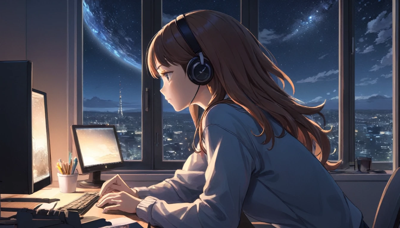 An anime illustration of a woman wearing headphones and intently looking at a PC while working on something. The scene is set by a window with a view of a nighttime cityscape, and the overall atmosphere reflects the soft, calming vibe of lofi music.